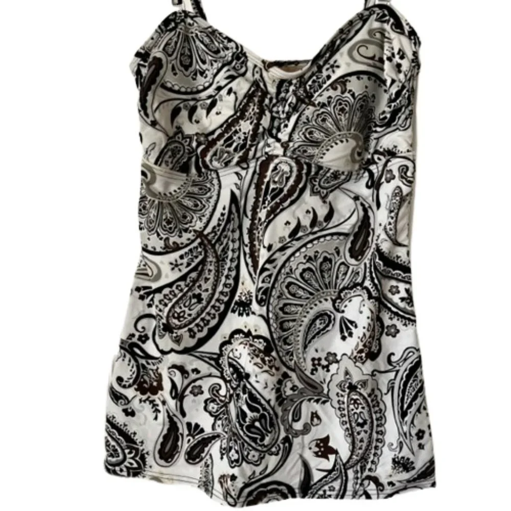 Lands' End B/W Paisley Adjustable Tankini - Black/White - 10 - Picture 3 of 9